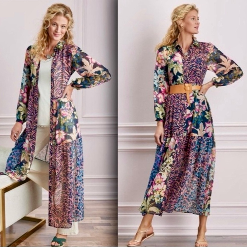 Soft Surroundings Large Marquita Maxi Shirt Dress with Navy Camisole Dress